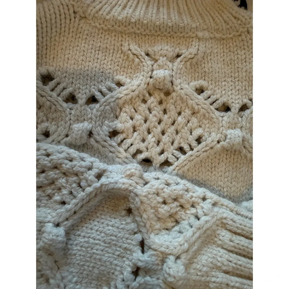 Zara Cream Chunky Aran Knit T-neck Sweater Button Cuff  Boho Hygge Beachy Preppy